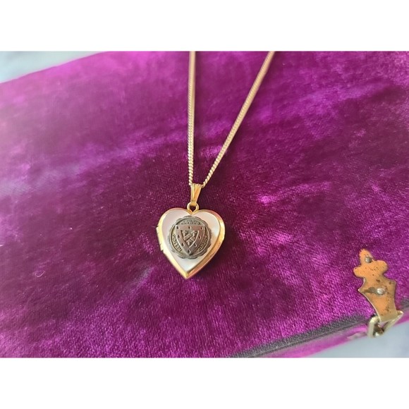 Vintage 12K GF MOP Heart Locket Pendant Necklace, Religio, Scientia, Cultus - Picture 5 of 10